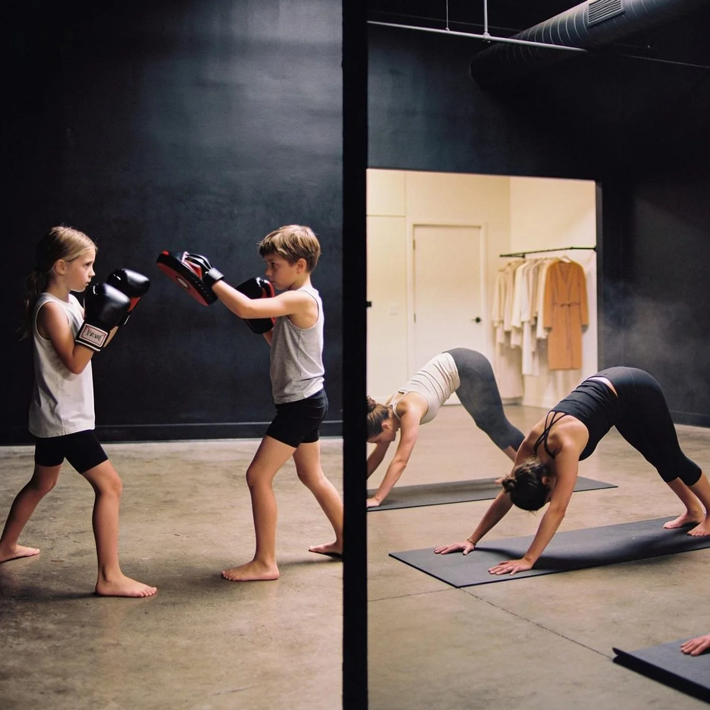 Kids boxing drills in one room, parents in power flow in the other